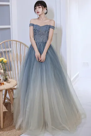 Blue Gradient Beaded Tulle Long Formal Dress, Blue A Line Prom Dress APP0954