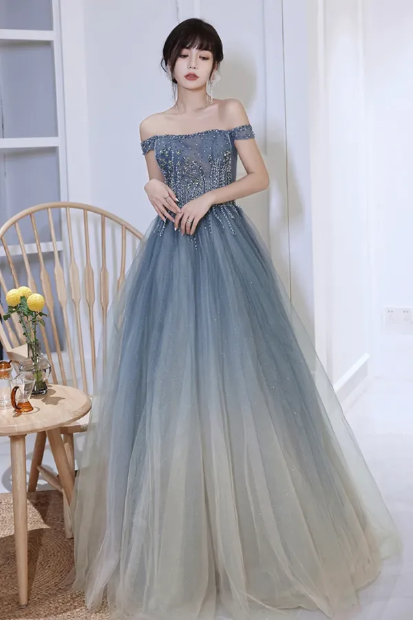 Blue Gradient Beaded Tulle Long Formal Dress, Blue A Line Prom Dress APP0954