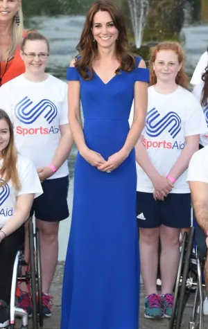 Blue Princess Kate Middleton V Neck Dress Modest Prom Celebrity Dress SportsAid Anniversary