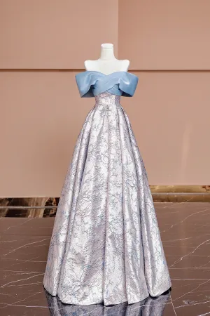 Blue Satin and Floral Pattern Floor Length Prom Dress, Off the Shoulder Evening Party Dress APP0988