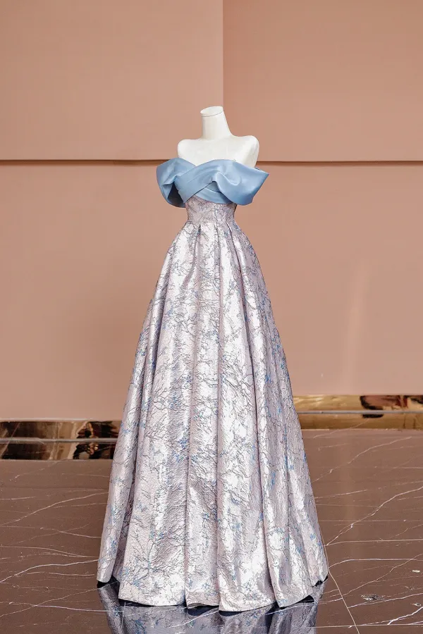 Blue Satin and Floral Pattern Floor Length Prom Dress, Off the Shoulder Evening Party Dress APP0988