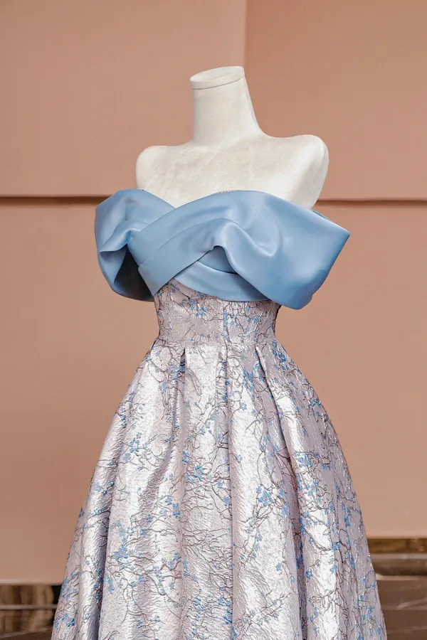Blue Satin and Floral Pattern Floor Length Prom Dress, Off the Shoulder Evening Party Dress APP0988
