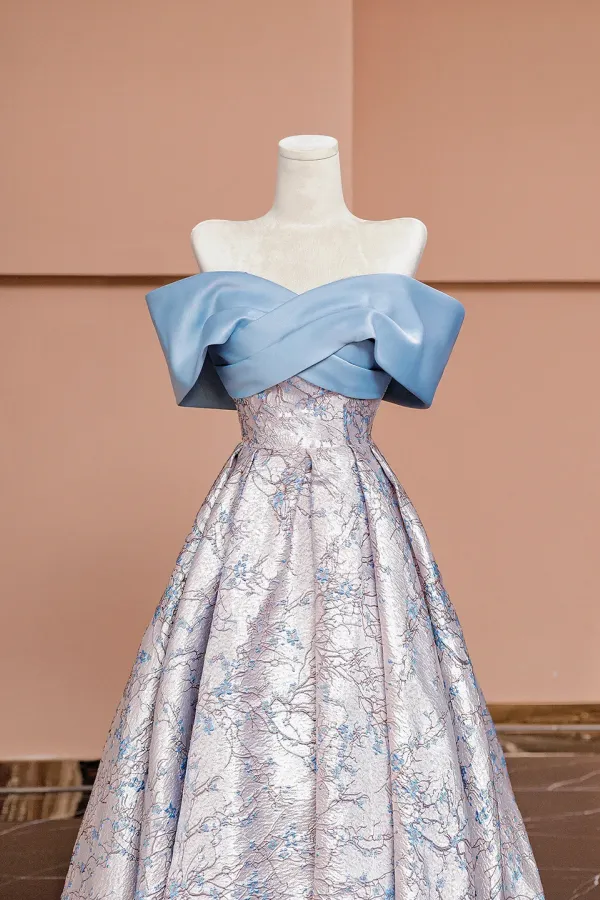 Blue Satin and Floral Pattern Floor Length Prom Dress, Off the Shoulder Evening Party Dress APP0988