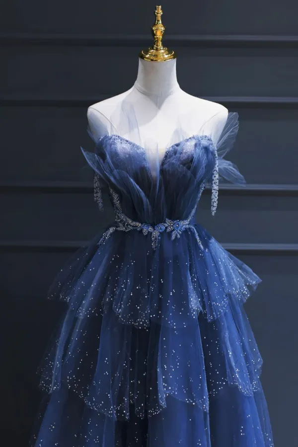 Blue Tulle Beaded Long Senior Prom Dress, A Line Strapless Evening Party Dress APP0777