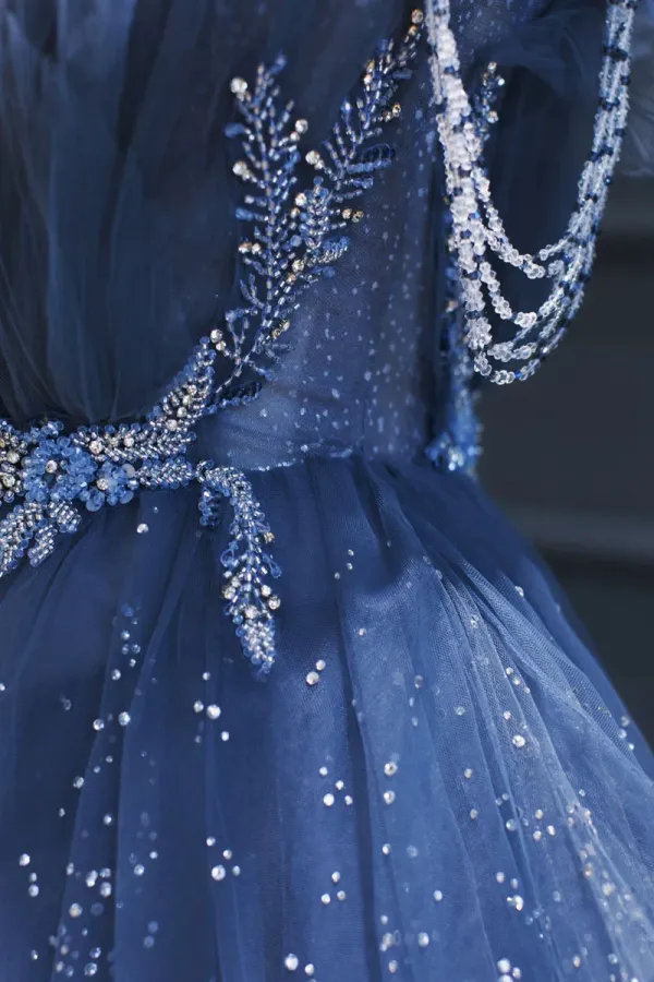 Blue Tulle Beaded Long Senior Prom Dress, A Line Strapless Evening Party Dress APP0777