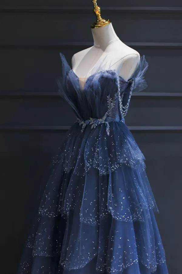 Blue Tulle Beaded Long Senior Prom Dress, A Line Strapless Evening Party Dress APP0777