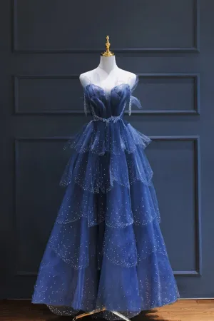 Blue Tulle Beaded Long Senior Prom Dress, A Line Strapless Evening Party Dress APP0777
