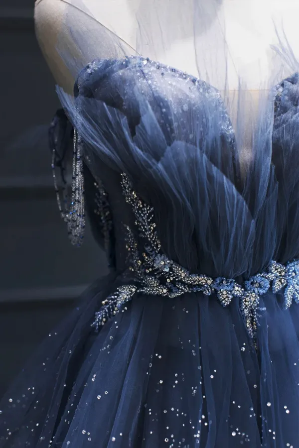 Blue Tulle Beaded Long Senior Prom Dress, A Line Strapless Evening Party Dress APP0777