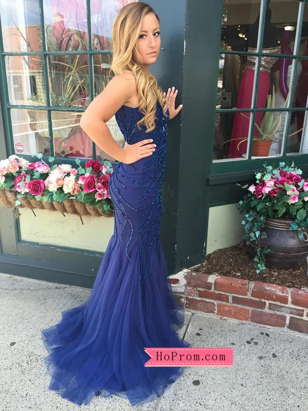 Blue Tulle Mermaid Open Back Prom Dress with Stunning Tonal Beading