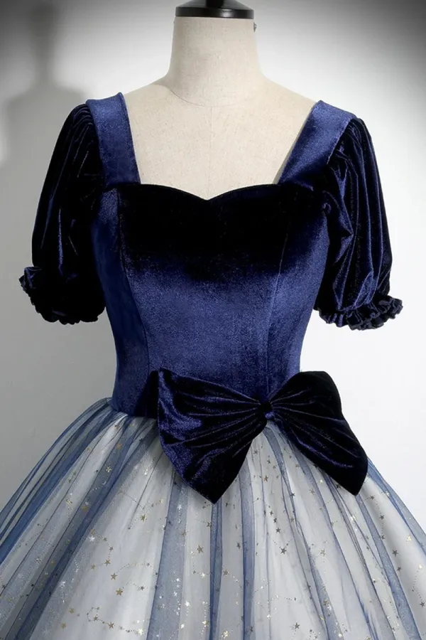 Blue Velvet Tulle Long Prom Dress, A Line Short Sleeve Evening Party Dress APP0957
