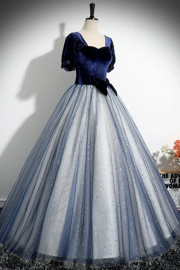 Blue Velvet Tulle Long Prom Dress, A Line Short Sleeve Evening Party Dress APP0957