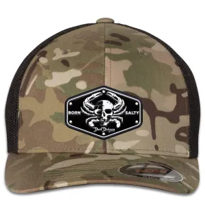 Born Salty Skull Crab 6 Panel Trucker Flexfit Multicam Camo Green/Black