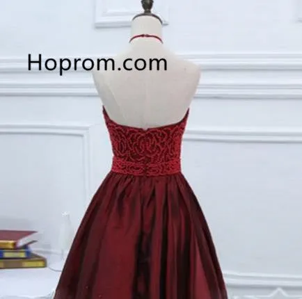 Burgundy Halter Open Back Homecoming Dress, Beadings Homecoming Dress