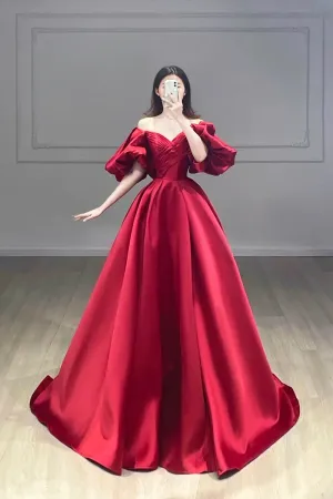 Burgundy Puffy Short Sleeve Satin Prom Dress, Burgundy V Neck A Line Evening Dress APP0823