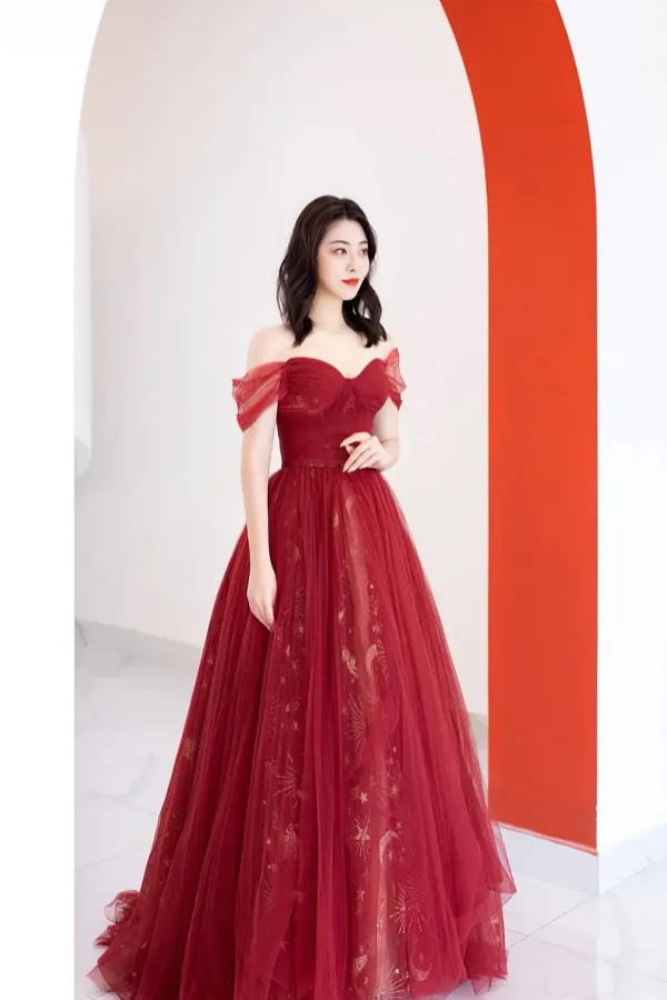Burgundy Tulle Long Prom Dress, Beautiful A Line Off the Shoulder Evening Party Dress APP0935