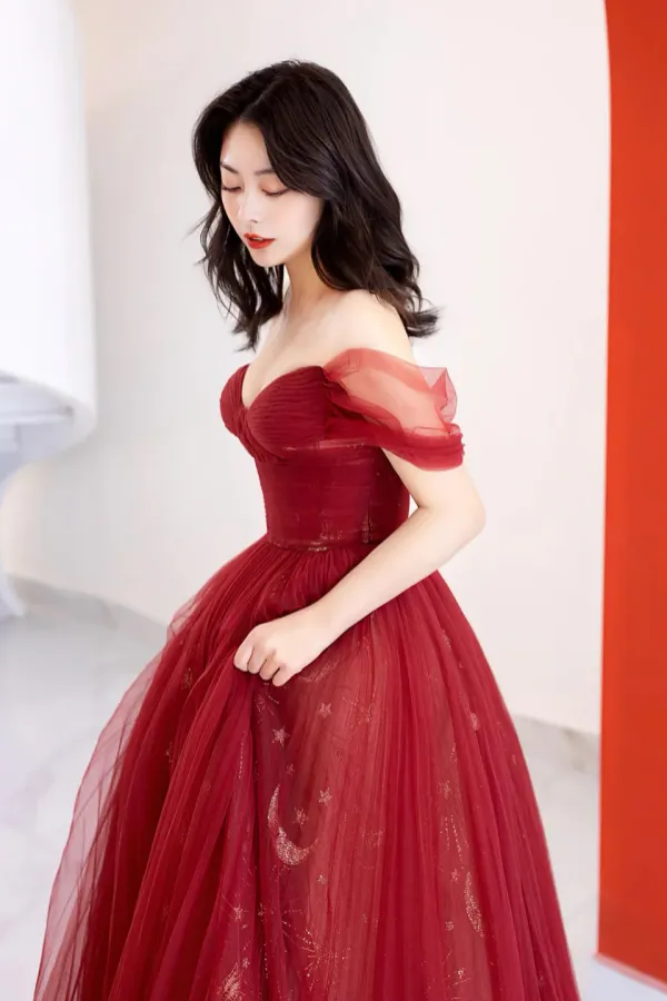 Burgundy Tulle Long Prom Dress, Beautiful A Line Off the Shoulder Evening Party Dress APP0935