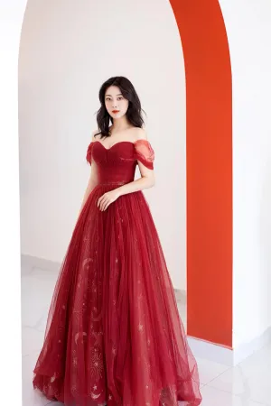 Burgundy Tulle Long Prom Dress, Beautiful A Line Off the Shoulder Evening Party Dress APP0935
