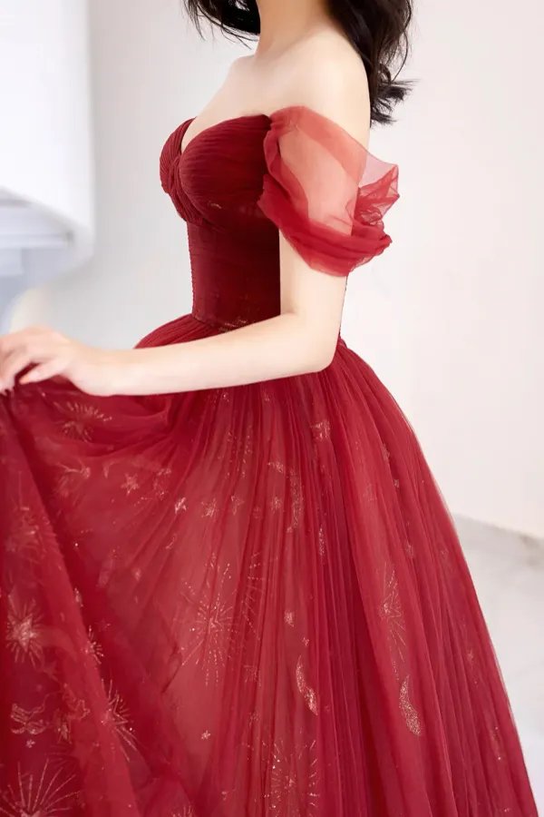 Burgundy Tulle Long Prom Dress, Beautiful A Line Off the Shoulder Evening Party Dress APP0935