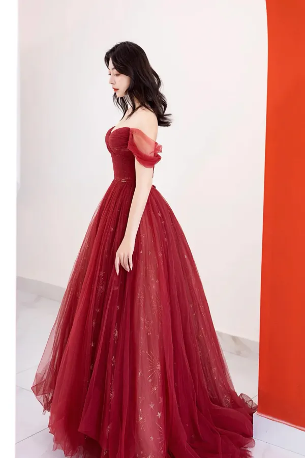 Burgundy Tulle Long Prom Dress, Beautiful A Line Off the Shoulder Evening Party Dress APP0935