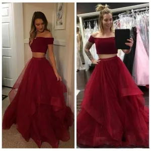 Burgundy Two Piece Long Prom Dresses Tulle Evening Dresses For Women