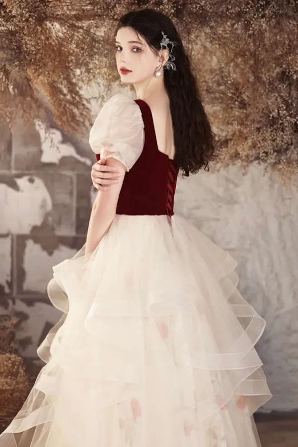Burgundy Velvet and Champagne Tulle Long Prom Dress, Lovely A Line Short Sleeve Evening Party Dress APP0926