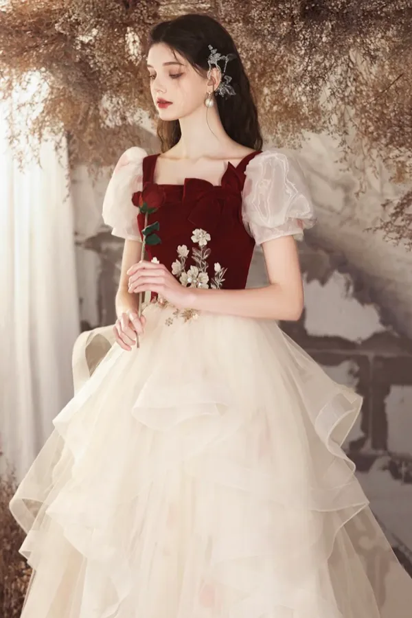 Burgundy Velvet and Champagne Tulle Long Prom Dress, Lovely A Line Short Sleeve Evening Party Dress APP0926