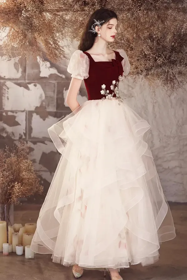 Burgundy Velvet and Champagne Tulle Long Prom Dress, Lovely A Line Short Sleeve Evening Party Dress APP0926