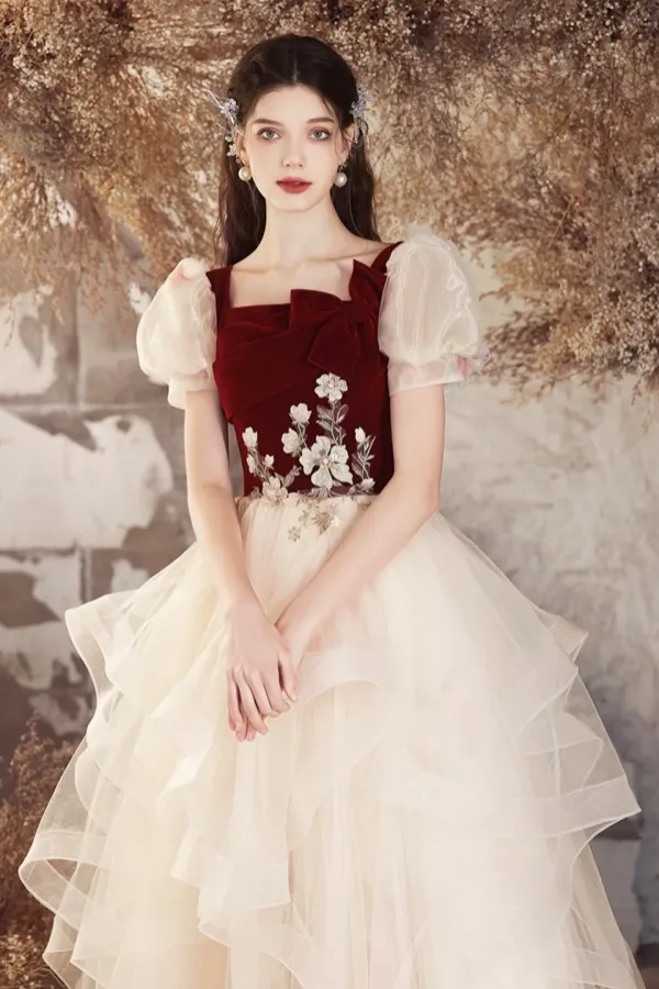 Burgundy Velvet and Champagne Tulle Long Prom Dress, Lovely A Line Short Sleeve Evening Party Dress APP0926