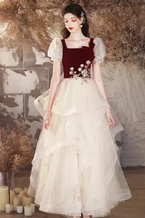 Burgundy Velvet and Champagne Tulle Long Prom Dress, Lovely A Line Short Sleeve Evening Party Dress APP0926