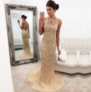 Champagne Halter Neck Glitter Prom Dresses Mermaid Evening Dresses Prom