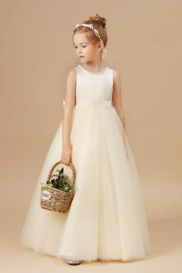 Champagne Sleeveless Tulle Satin Flower Girl Dresses With Bow APF0018