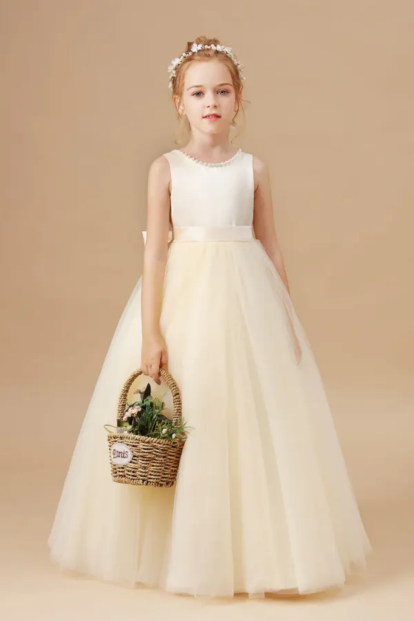 Champagne Sleeveless Tulle Satin Flower Girl Dresses With Bow APF0018