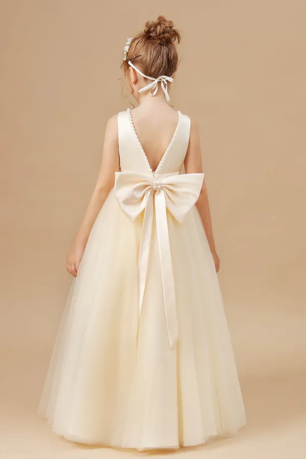 Champagne Sleeveless Tulle Satin Flower Girl Dresses With Bow APF0018