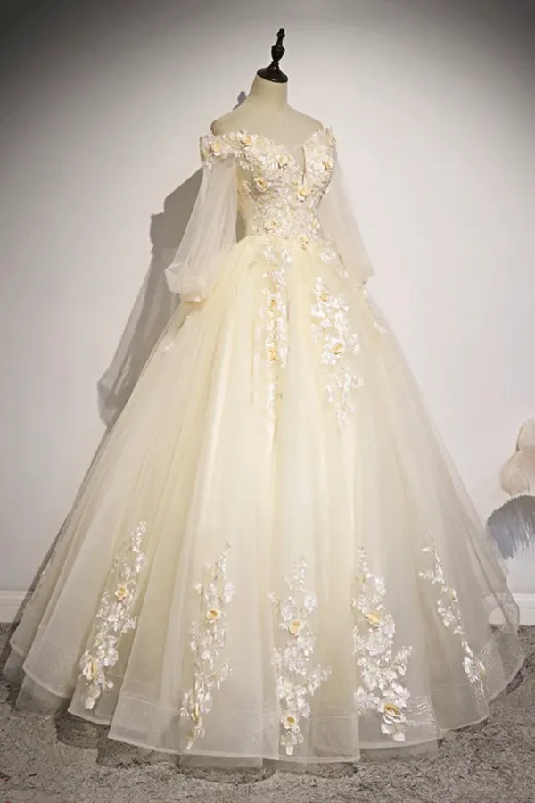 Champagne Tulle Lace Floor Length Prom Dress, Off Shoulder Long Sleeve Evening Dress APP0874