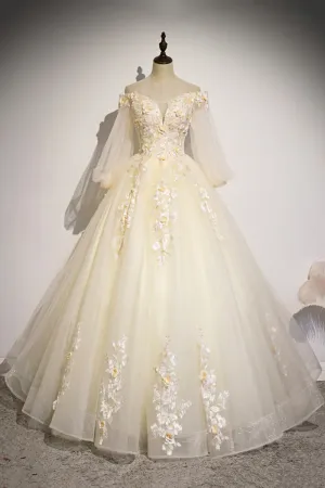 Champagne Tulle Lace Floor Length Prom Dress, Off Shoulder Long Sleeve Evening Dress APP0874