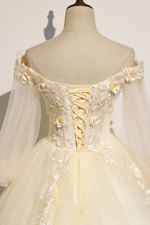 Champagne Tulle Lace Floor Length Prom Dress, Off Shoulder Long Sleeve Evening Dress APP0874