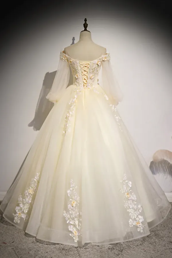 Champagne Tulle Lace Floor Length Prom Dress, Off Shoulder Long Sleeve Evening Dress APP0874