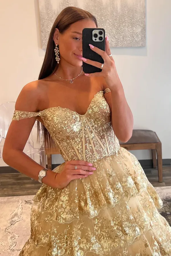 Champagne Tulle Sequins Long Prom Dress, Off the Shoulder Evening Party Gown APP08598