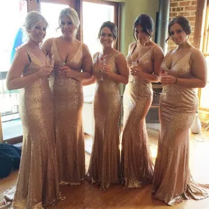 Champagne V-neck Sequins Long Bridesmaid Dresses