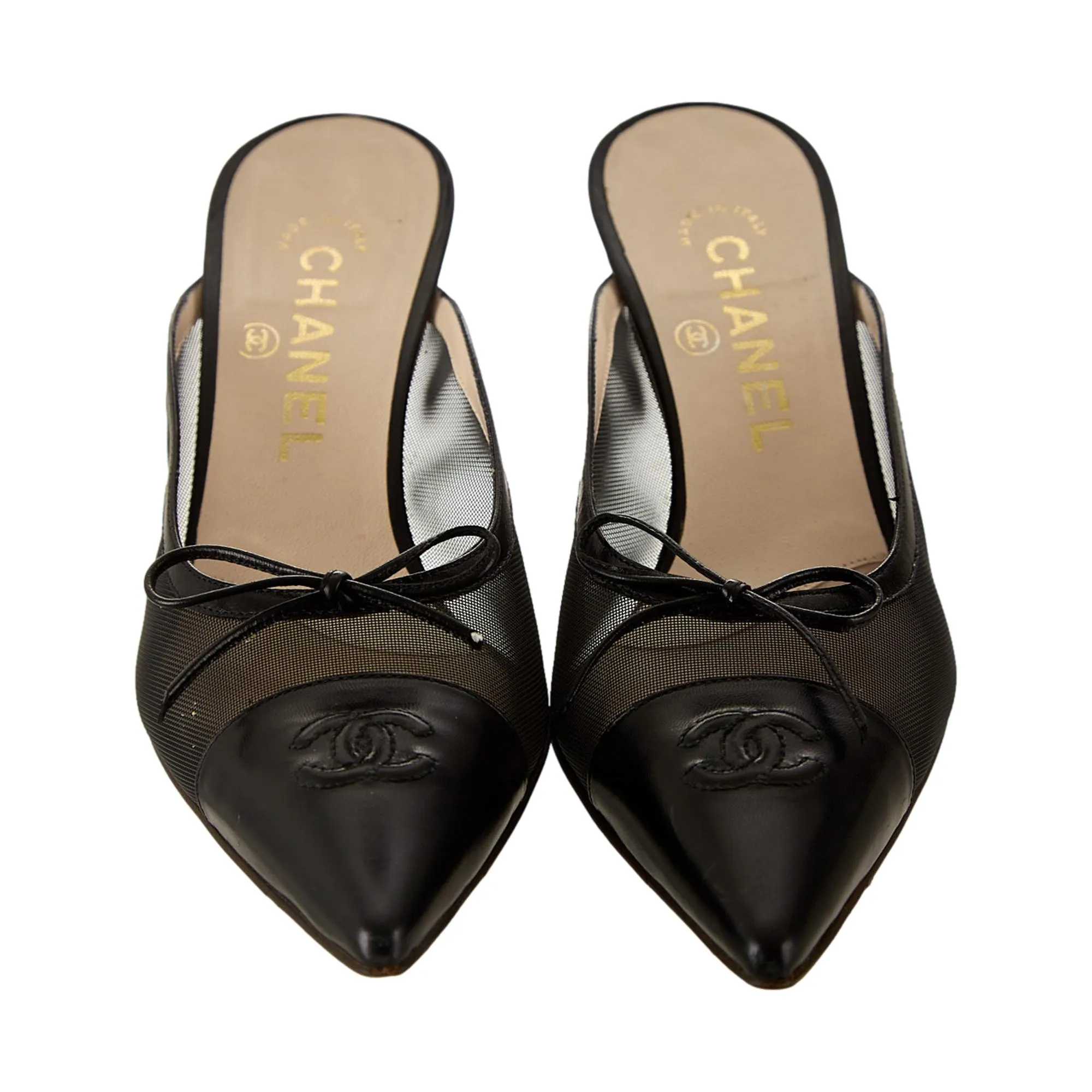 Chanel Black Mesh Logo Kitten Heels
