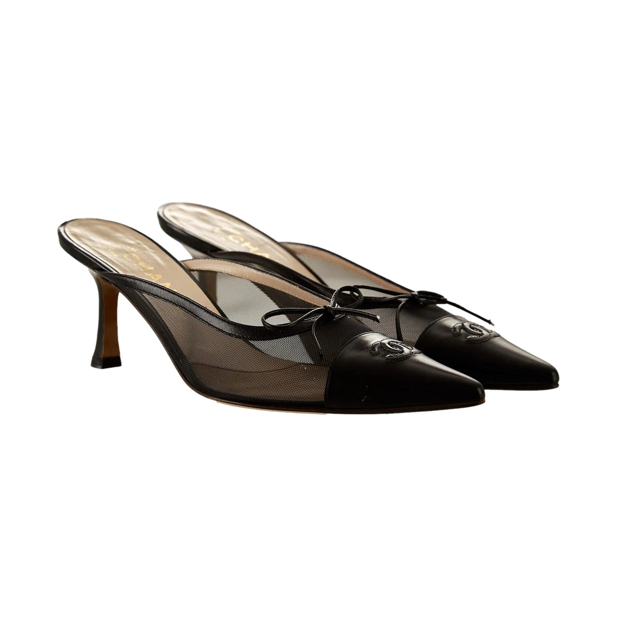 Chanel Black Mesh Logo Kitten Heels