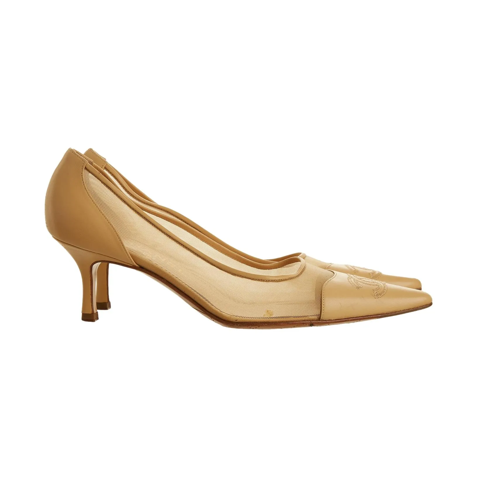 Chanel Tan Mesh Logo Heels