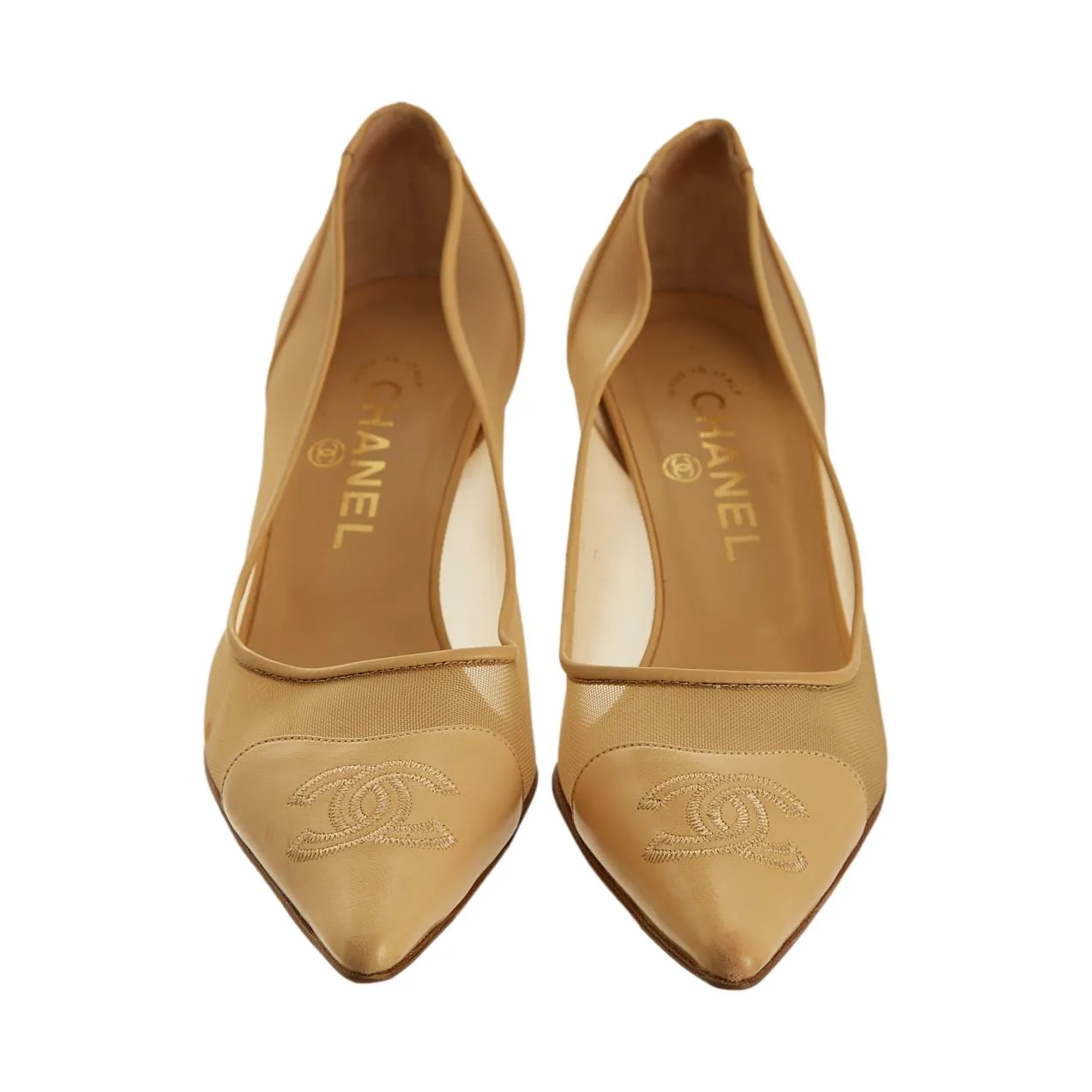 Chanel Tan Mesh Logo Heels