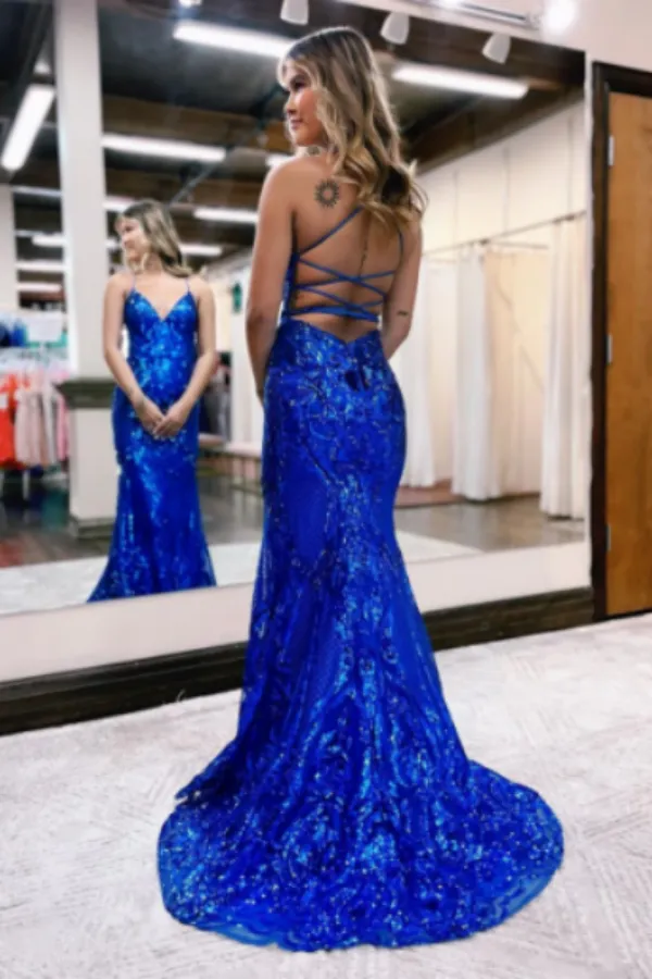 Charming Mermaid V Neck Royal Blue Sequins Long Prom Dresses APP0805