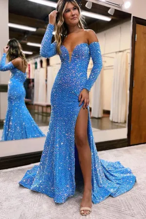 Charming Off the Shoulder Blue Velvet Sequins Prom Dresses with Long Sleeves APP0807