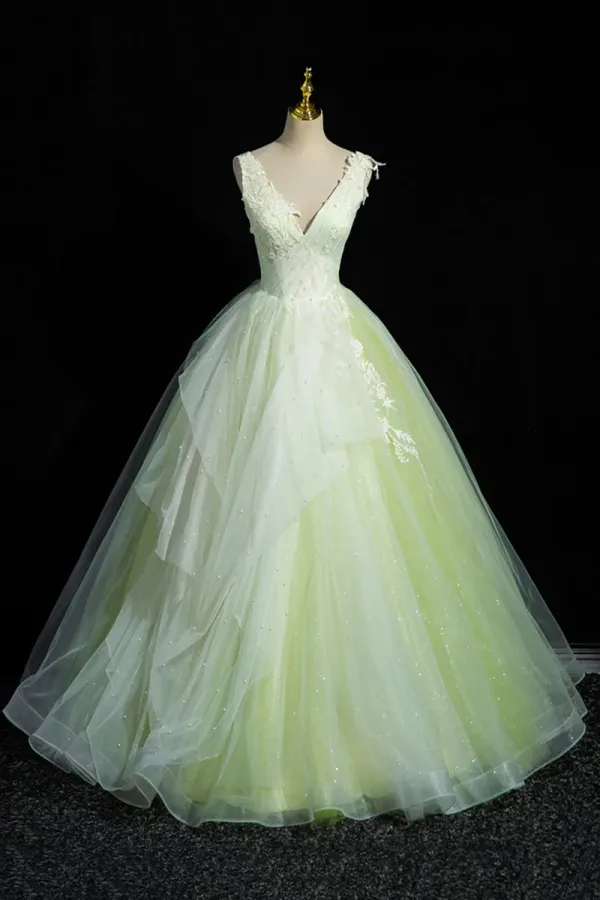 Charming Tulle Lace Green Prom Dresses, V Neck Sleeveless Floor Length Formal Evening Dresses APP0820