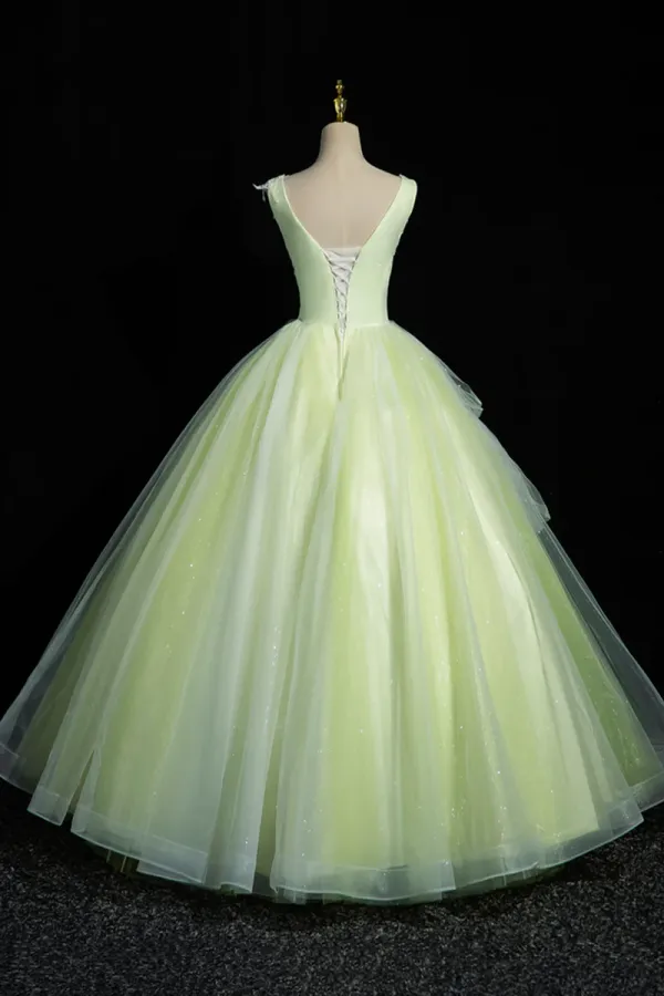 Charming Tulle Lace Green Prom Dresses, V Neck Sleeveless Floor Length Formal Evening Dresses APP0820