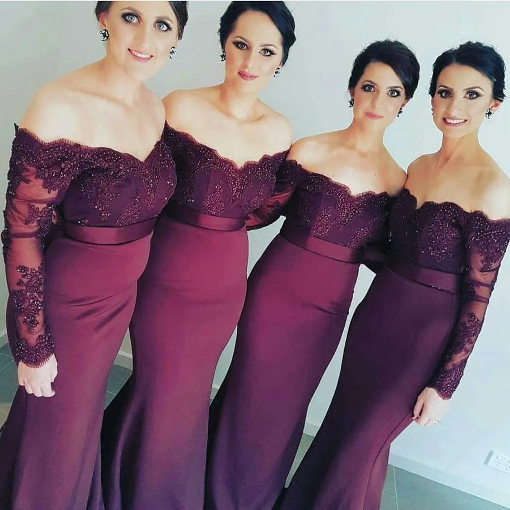 Cheap Mermaid Lace Long Burgundy Prom Dresses Long Sleeve Tight Evening Dresses