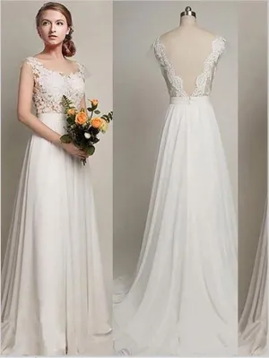 Chiffon Princess Scoop Sleeveless Wedding Dresses,Backless Brush Train Wedding Dresses