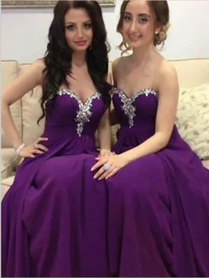 Chiffon Strapless Sweetheart Bridesmaid Dresses Floor Length With Beading